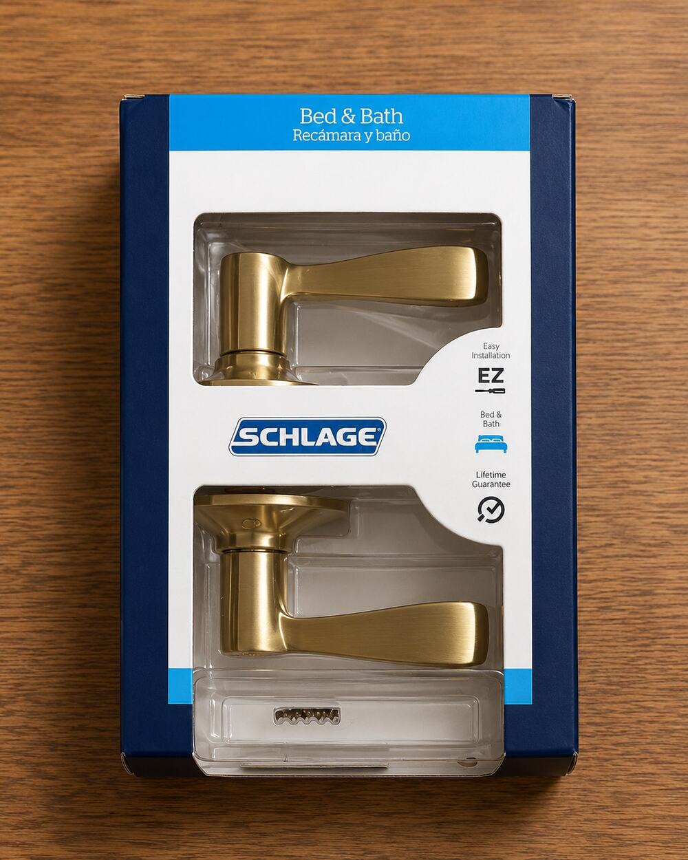 Schlage Satin Brass Bed & Bath Privacy Door Lever Handle New In BoX